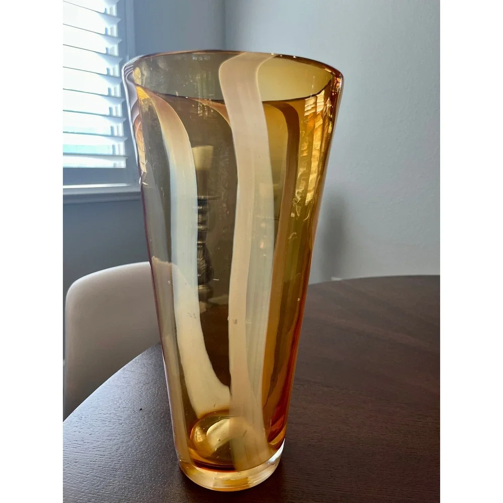Vintage Murano Style Amber Glass Ribbon Vase Mid Century Hand Blown
